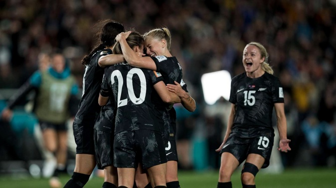 The Football Ferns celebrate their opening World Cup win over Norway at Eden Park. Photo / Michael Craig