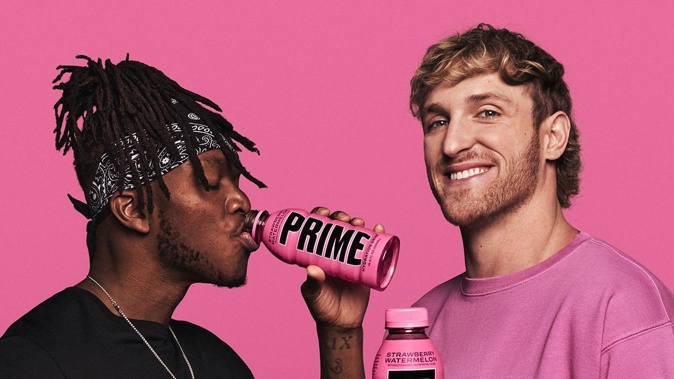 DJ KSI and Logan Paul promoting the caffeine-free Prime hydration drink. Photo / Supplied