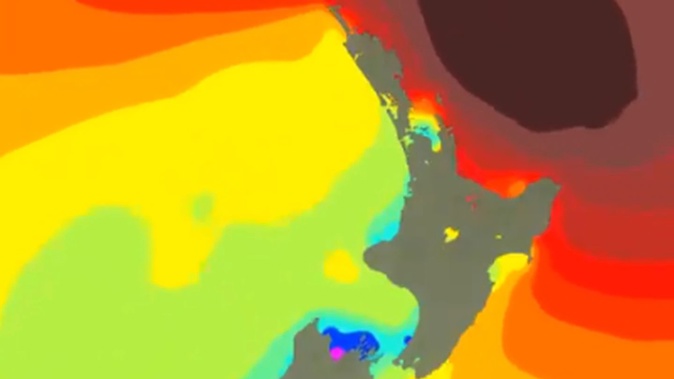 A snapshot of MetService's latest wave height forecast, with darker red areas depicting huge waves from 5-8 metres high. (Image / MetService)