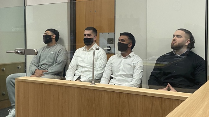 Left to right: Adil Tajek, Tawaab Bakhshi, Mohammed Yusuf Bagni-Vohra and Tarat Bakhshi appear in Auckland District Court for sentencing. Photo / Craig Kapitan
