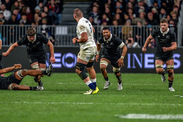 Ardie Savea flanked by Scott Barrett (captain) and Dalton Papali’i of the All Blacks during the New Zealand All Blacks v England, 1st Test at Forsyth Barr Stadium, Dunedin, New Zealand on Saturday 6 July 2024. Photo credit: Steve McArthur