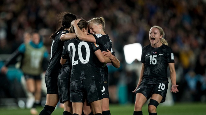 Football Ferns celebrate their win in the opening match of the tournament against Norway. Photo / Michael Craig