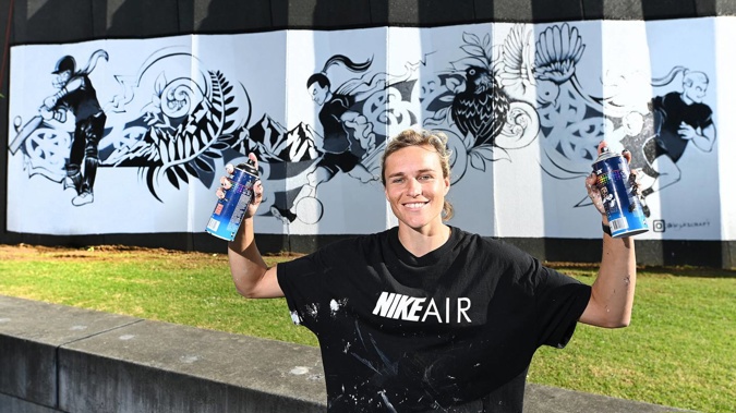 Football Ferns striker Hannah Wilkinson after painting a mural at Eden Park to celebrate New Zealand's three Women's World Cups in 2022/23. Photo / Photosport
