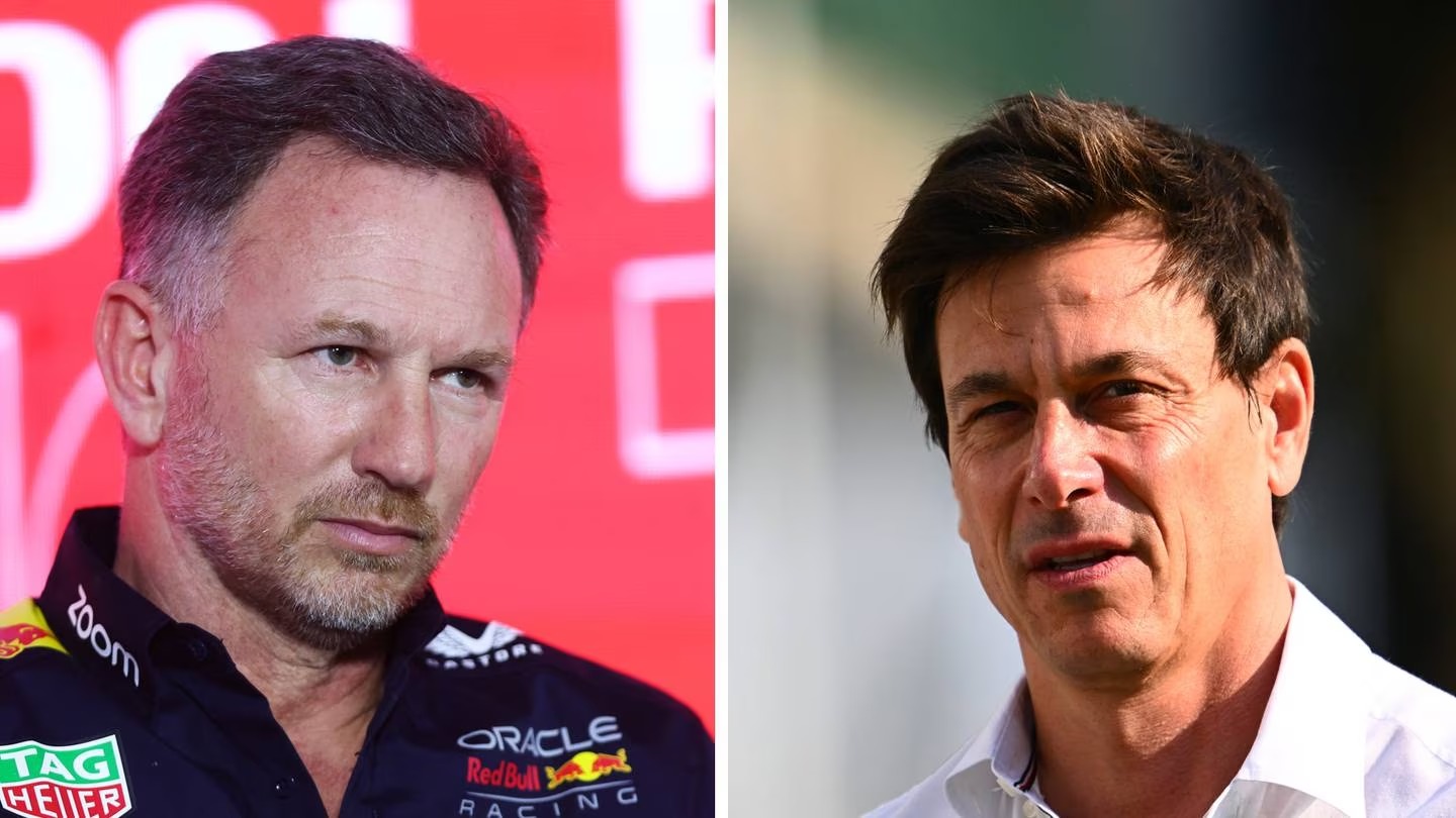 Red Bull Racing Team Principal Christian Horner and Toto Wolff, Team Principal and CEO of Mercedes AMG Petronas. Photos/ Getty