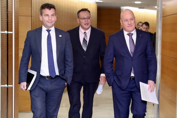 David Seymour, Dr Shane Reti and Prime Minister Christopher Luxon front media at today's post-Cabinet press conference in Wellington. Photo / Mark Mitchell