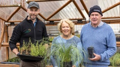 Waimakariri Irrigation Limited biodiversity project lead Dan Cameron (left) with Swannanoa farmers Rosemary and Brian Whyte and some of the 2300 native plants grown from seed at the Whytes’ property. Photo / The Country