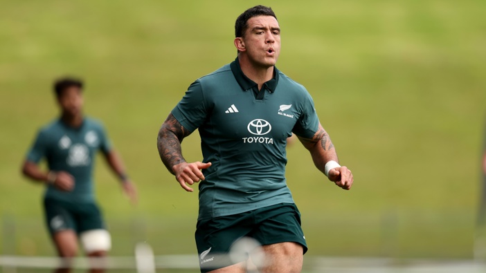 Codie Taylor of the All Blacks during a New Zealand All Blacks training session at North Harbour Stadium on July 01, 2025 in Auckland, New Zealand. (Photo by Phil Walter/Getty Images)