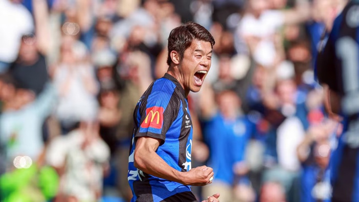 Auckland FC's Hiroki Sakai celebrates after the side's opening goal against Brisbane Roar. Photo / Photosport