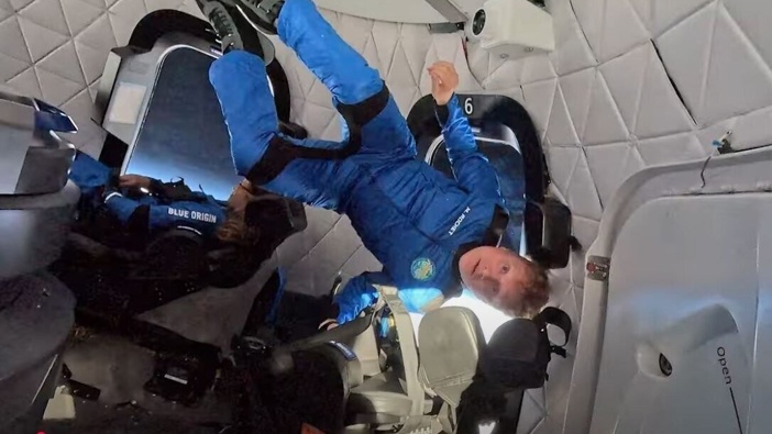 Weightlessnes was a "surreal experience", said Kiwi Mark Rocket, pictured during his sub-orbital flight into space on Blue Origin's NS-32 mission yesterday. Screengrab phot / Blue Origin
