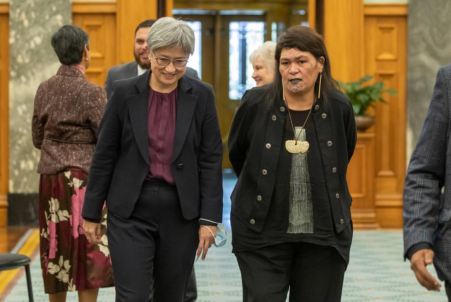 Australian Foreign Minister Penny Wong with Foreign Minister Nanaia Mahuta after her pōwhiri. Photo / Mark Mitchell
