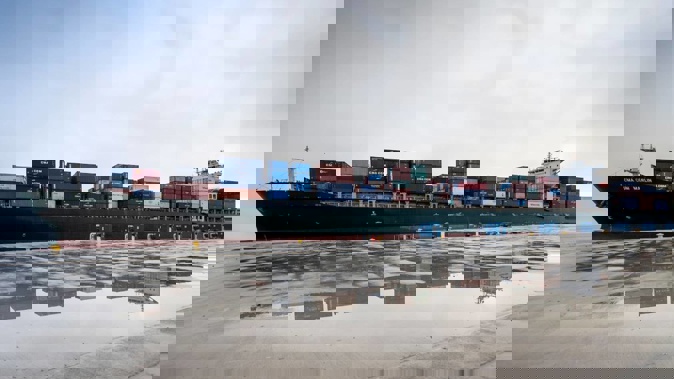 The CMA CGM Marlin was piloted into Napier Port as part of the wet commissioning stage of the new wharf construction. Photo / Supplied