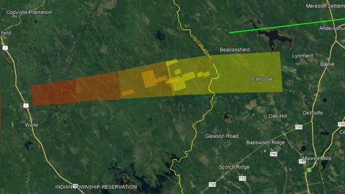 This is the strewn field estimate of the meteorite that landed near the border between the United States and Canada last week, calculated from radar signatures, scaled from 10 kilograms (red) to 1 gram (yellow).