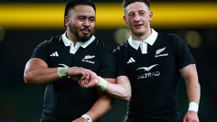 All Blacks Asafo Aumua and Cameron Roigard following the win over Ireland in Dublin. Photo / Photosport