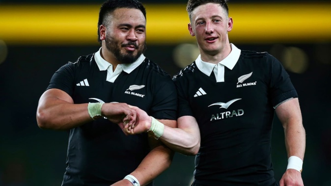 All Blacks Asafo Aumua and Cameron Roigard following the win over Ireland in Dublin. Photo / Photosport