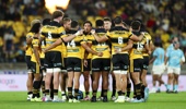 The Hurricanes form a huddle during the round two Super Rugby match between Hurricanes and Moana Pasifika at Sky Stadium, on February 20, 2026, in Wellington, New Zealand. (Photo by Hagen Hopkins/Getty Images)