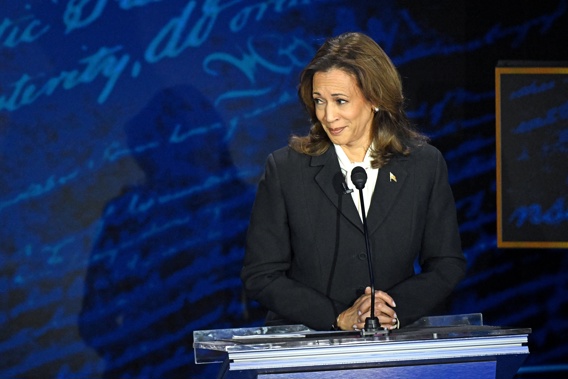 US Vice President and Democratic presidential candidate Kamala Harris listens as former US President and Republican presidential candidate Donald Trump speaks during a presidential debate at the National Constitution Center in Philadelphia, Pennsylvania, on September 10, 2024. (Photo by SAUL LOEB / AFP)