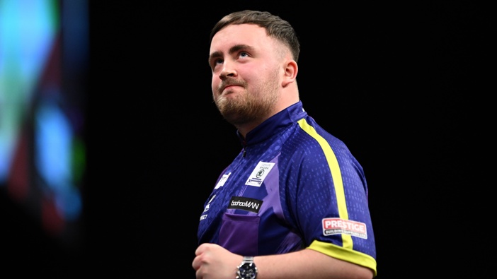 Luke Littler of England celebrates after winning his semi final match against Michael Smith of England at the 2024 BetMGM Premier League Darts Play-Offs at The O2 Arena on May 23, 2024 in London, England. (Photo by Justin Setterfield/Getty Images)