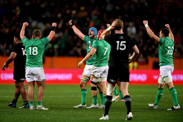 Ireland celebrate after defeating the All Blacks during the International Test match between the New Zealand All Blacks and Ireland. (Photo / Photosport)