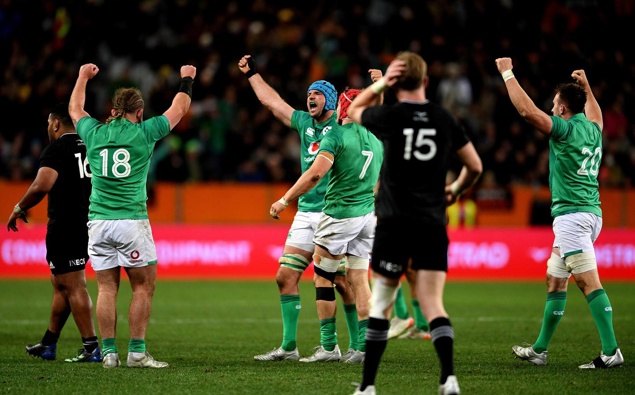 Ireland celebrate after defeating the All Blacks during the International Test match between the New Zealand All Blacks and Ireland. (Photo / Photosport)