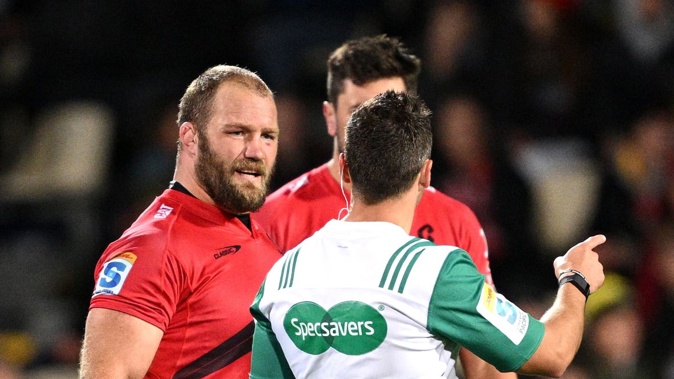Owen Franks remonstrates with referee James Doleman. Photo / Getty Images