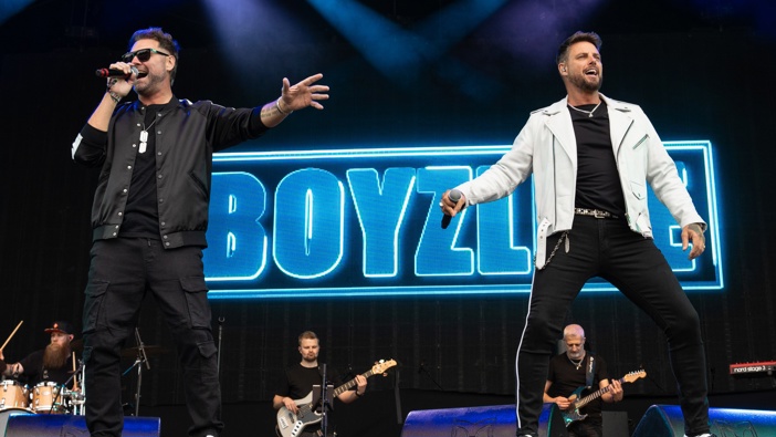 Brian McFadden and Keith Duffy of Boyzlife perform during Rewind Festival at Scone Palace on July 20, 2024 in Perth, Scotland. (Photo by Lorne Thomson/Redferns)