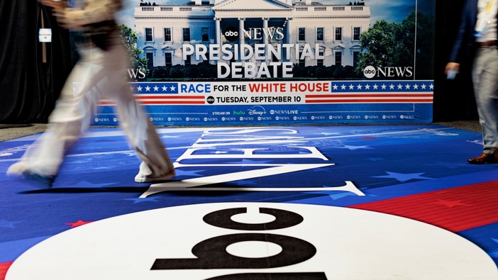 Signage in the spin room ahead of the second presidential debate at the Pennsylvania Convention Center in Philadelphia, Pennsylvania, US, on Monday, Sept. 9, 2024. Photo / Hannah Beier/Bloomberg via Getty Images