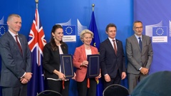 Prime Minister Jacinda Ardern and European Commission President Ursula von der Leyen signed a policing agreement ahead of announcing a trade agreement. Photo / Thomas Coughlan