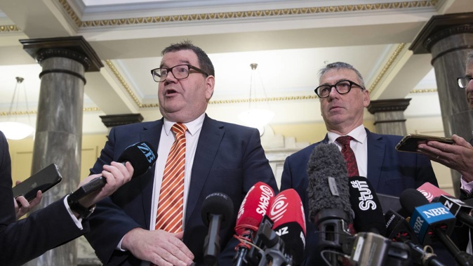Finance Minister Grant Robertson (left) and Commerce and Consumer Affairs Minister Duncan Webb announcing the market study into banking sector competition. Photo / Mark Mitchell