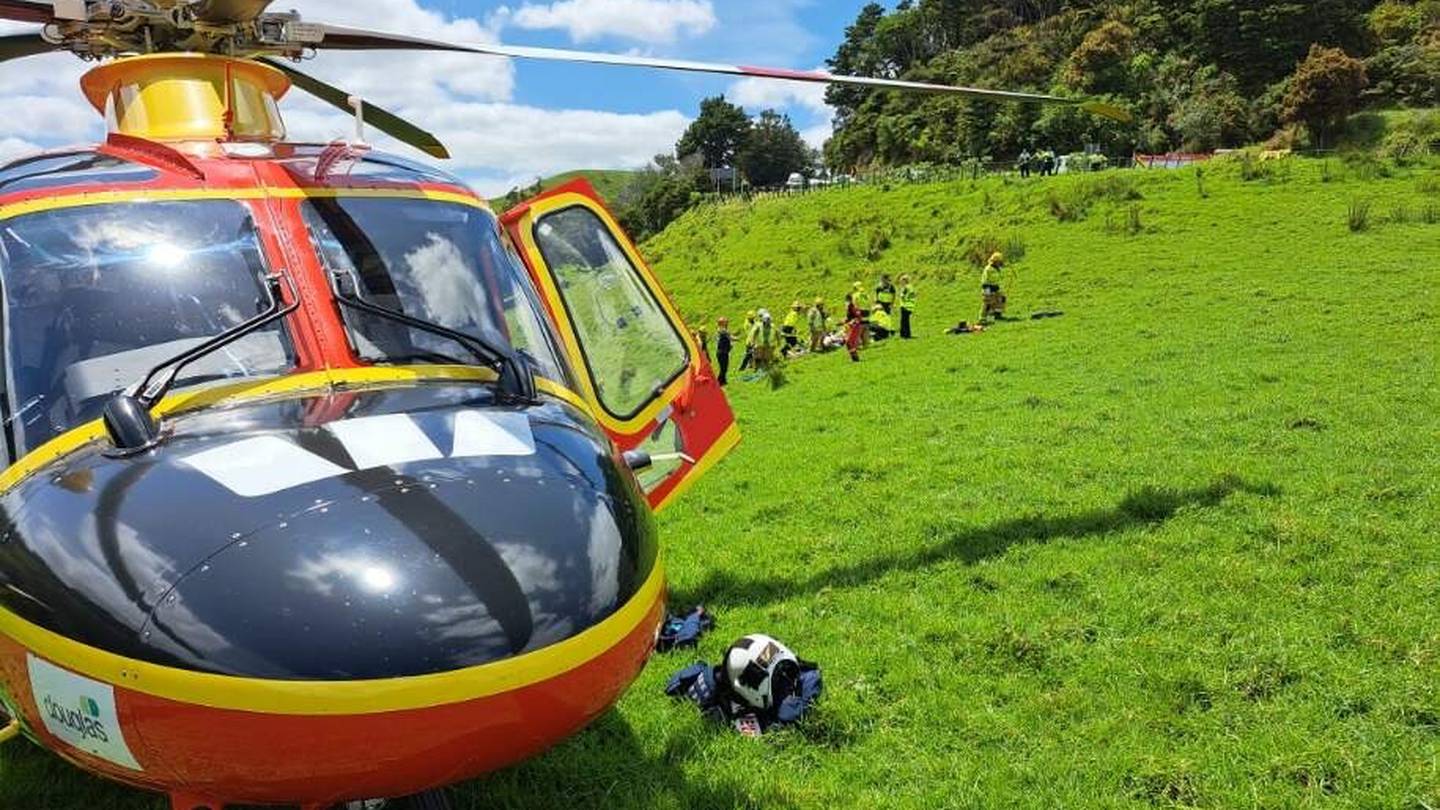 An eyewitness to a shocking Pohuehue crash says the vehicle was driving up the hill “very fast” before it swerved off the road, missing the car in front by “inches”. Photo / Auckland Rescue Helicopter Trust