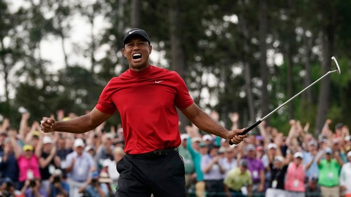 Tiger Woods reacts as he wins the Masters golf tournament on Sunday, April 14, 2019, in Augusta. Photo / AP