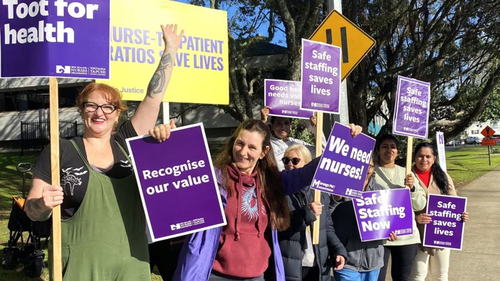 Whangārei Hospital theatre nurses and healthcare assistants, including Odette Matson (left), took part in the rolling strikes on Tuesday. Photo / Denise Piper