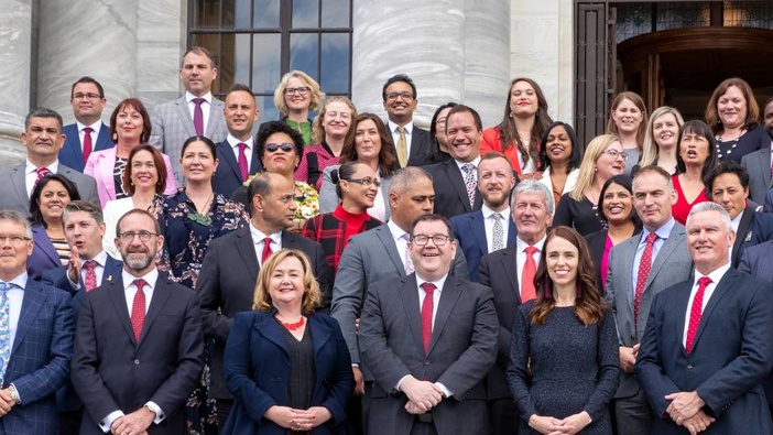 MP for Hamilton West Dr Gaurav Sharma (back row, centre) seen here with his Labour colleagues on the steps of Parliament in 2020. Photo / Mark Mitchell