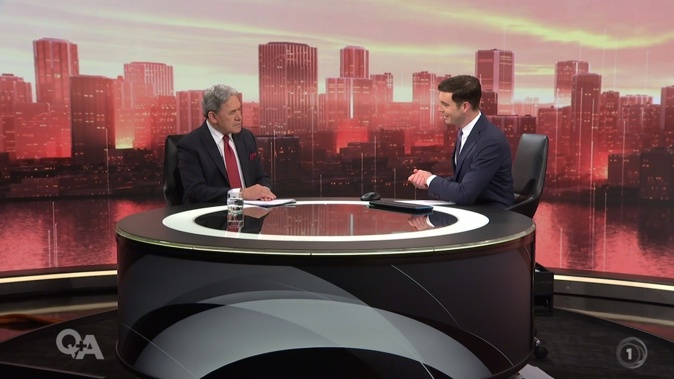 Winston Peters and Q&A host Jack Tame debate the party's policies. Photo / TVNZ