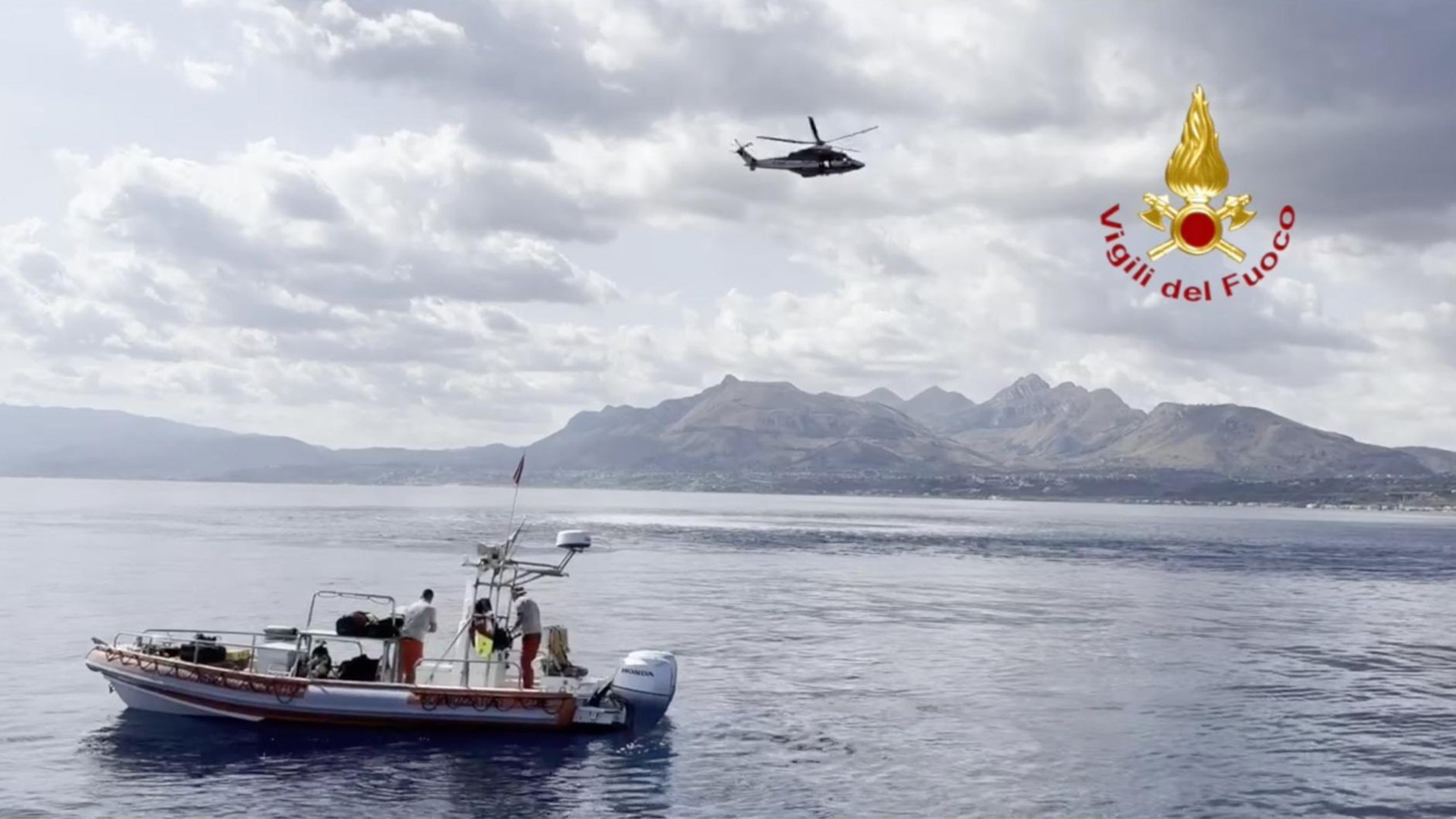 Search and rescue teams diving off the coast of Palermo, Sicily, searching for the missing passengers and crew of the sunken superyacht. Among the missing is the yacht's owner British tech entrepreneur Mike Lynch. Photo / Supplied | Vigil Fuoco 