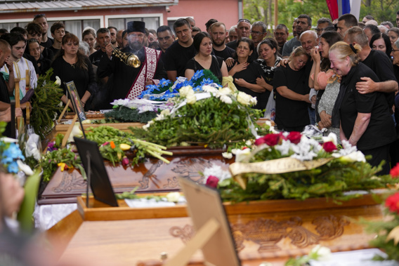 Orthodox priests attend a funeral for five people killed during the second mass shooting in two days, in the village of Malo Orasje, some 50 kilometers (30 miles) south of Belgrade, Serbia, Saturday, May 6, 2023. Photo / AP