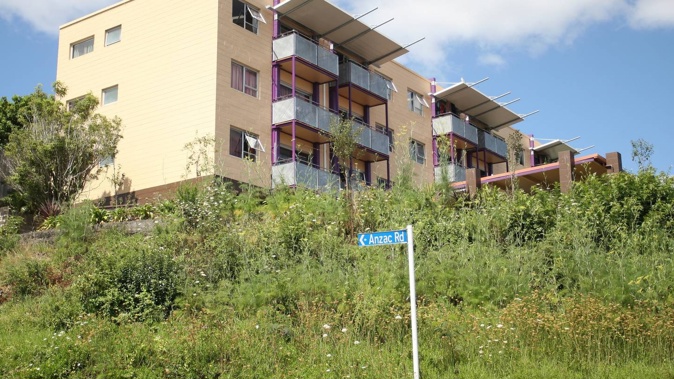The block of flats on Anzac Rd where a man was allegedly fatally stabbed on Monday. Photo / File