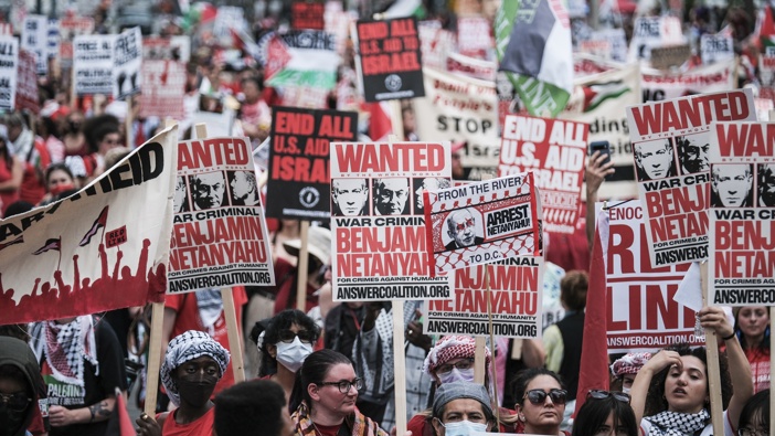 Protestors demonstrate on Capitol Hill on July 24, 2024 in Washington, DC. The demonstrators gathered to protest Israeli Prime Minister Benjamin Netanyahu's visit to the United States amid Israel's ongoing war against Hamas in Gaza. (Photo by Michael A. McCoy/Getty Images)