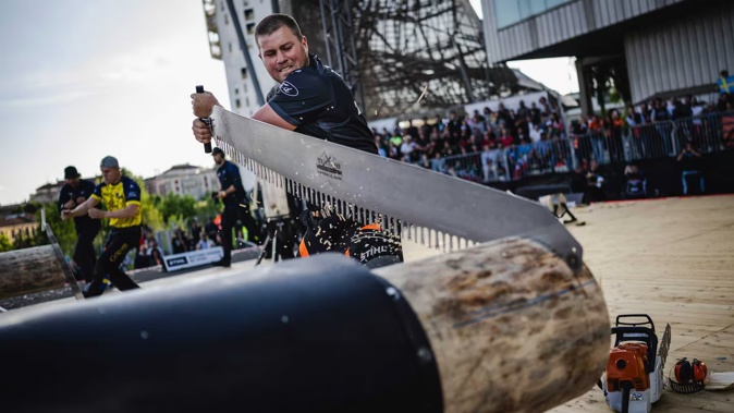 Jack Jordan in action at the Stihl Timbersports World Trophy 2024 in Milano, Italy. Photo / Sebastian Marko / Stihl Timbersports