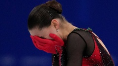 Kamila Valieva breaks down following her routine. (Photo / AP)