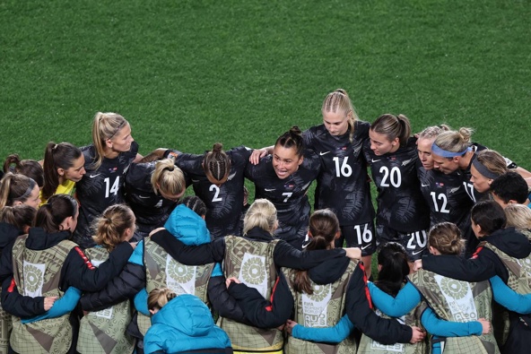 Ali Riley of the Football Ferns during a team talk before the Fifa Womens World Cup match at Eden Park. Photosport