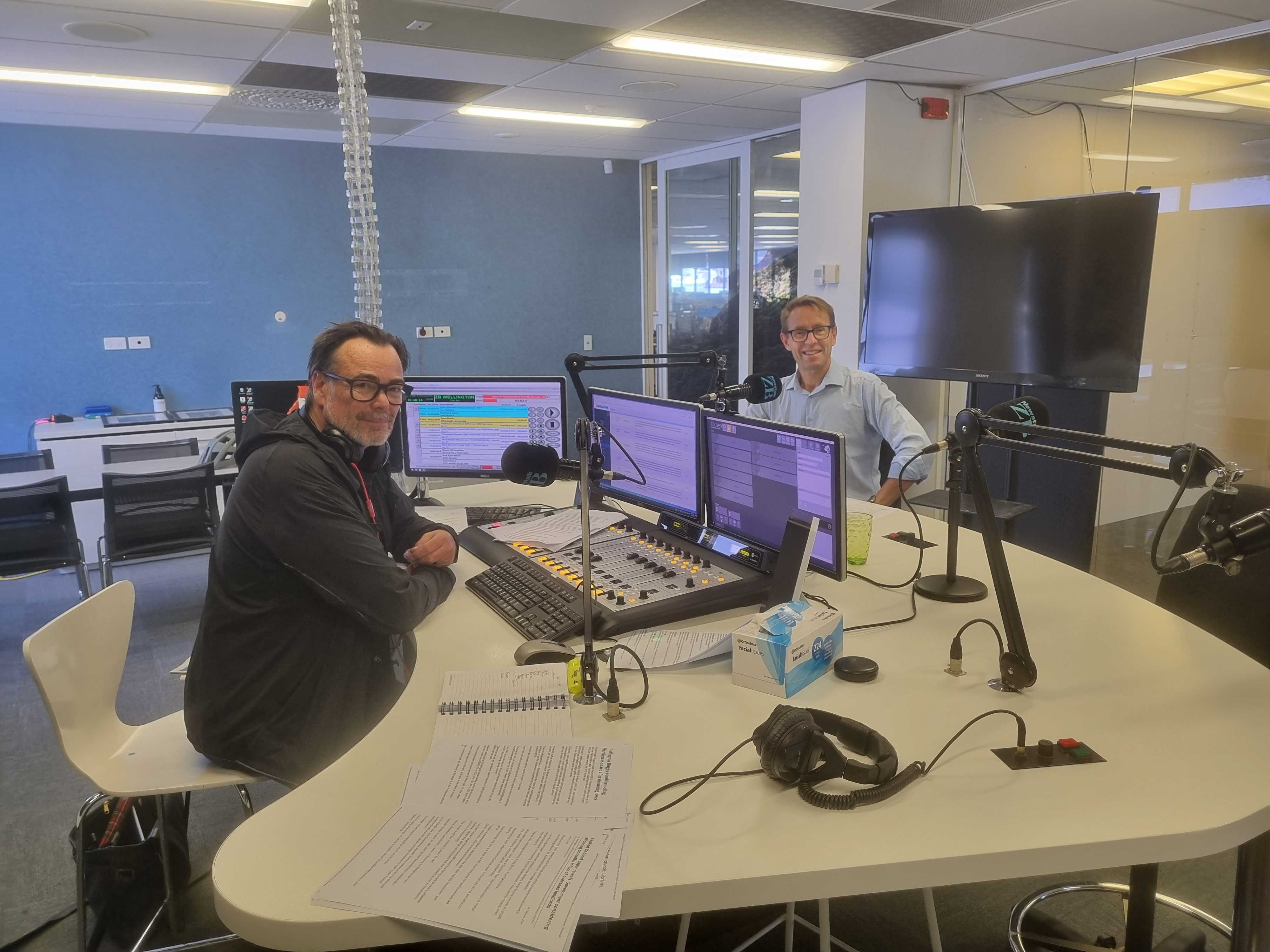 Nick Mills in studio with Dr Ashley Bloomfield. 