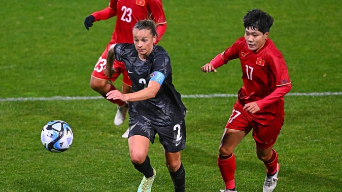 Ria Percival of the Football Ferns during the International Friendly match against Vietnam at McLean Park. Photo / Getty