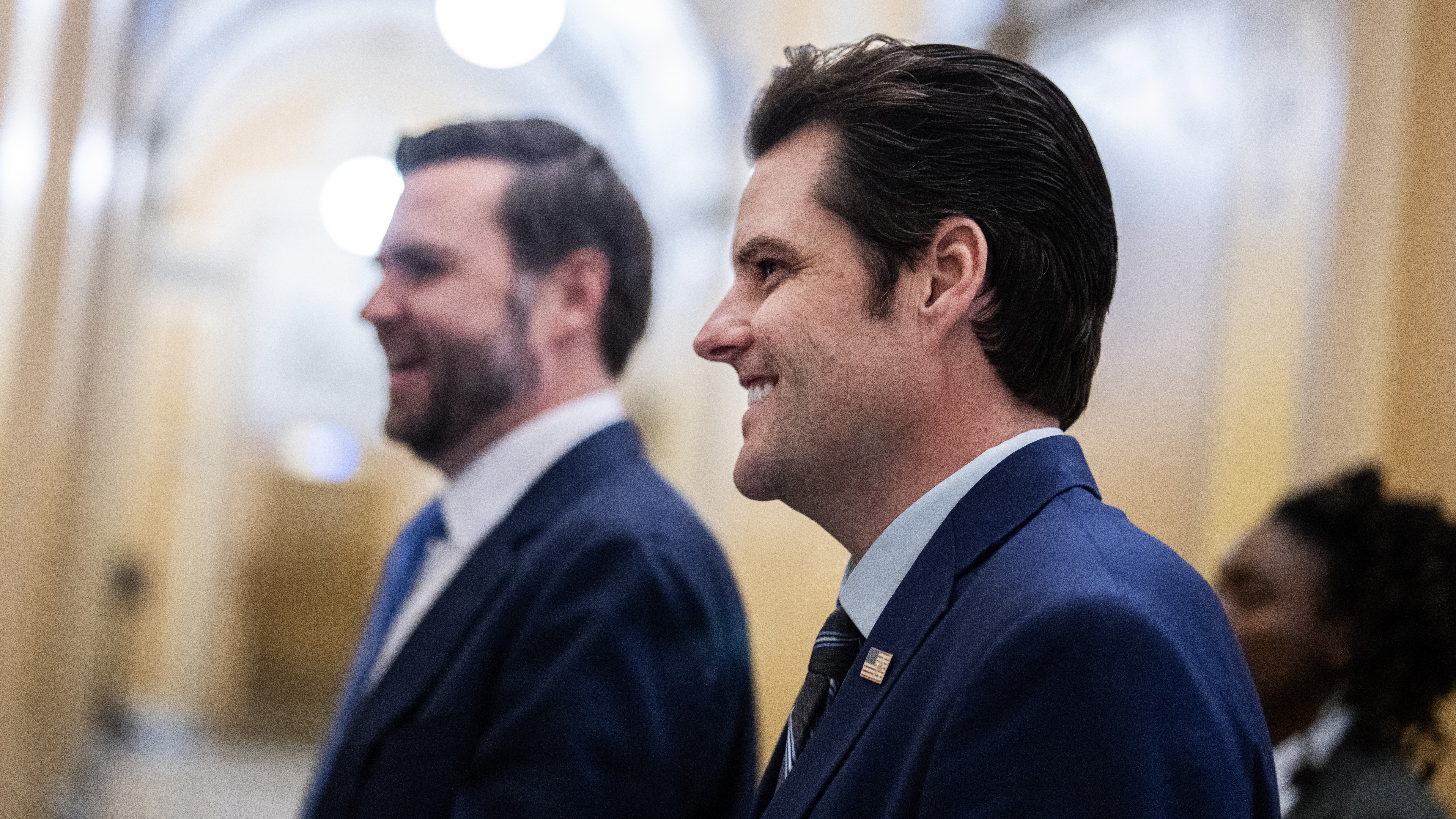 Former Rep. Matt Gaetz, R-Fla., right, nominee to be attorney general, and Vice President-elect Sen. JD Vance, R-Ohio, leave the U.S. Capitol after meetings with senators on Wednesday, November 20, 2024. (Tom Williams/CQ-Roll Call, Inc via Getty Images)