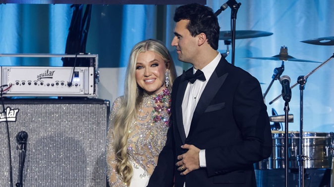 Charlie Kirk and and his wife Erika on stage during the Turning Point USA Inaugural-Eve Ball in January 2025. Photo / Getty Images