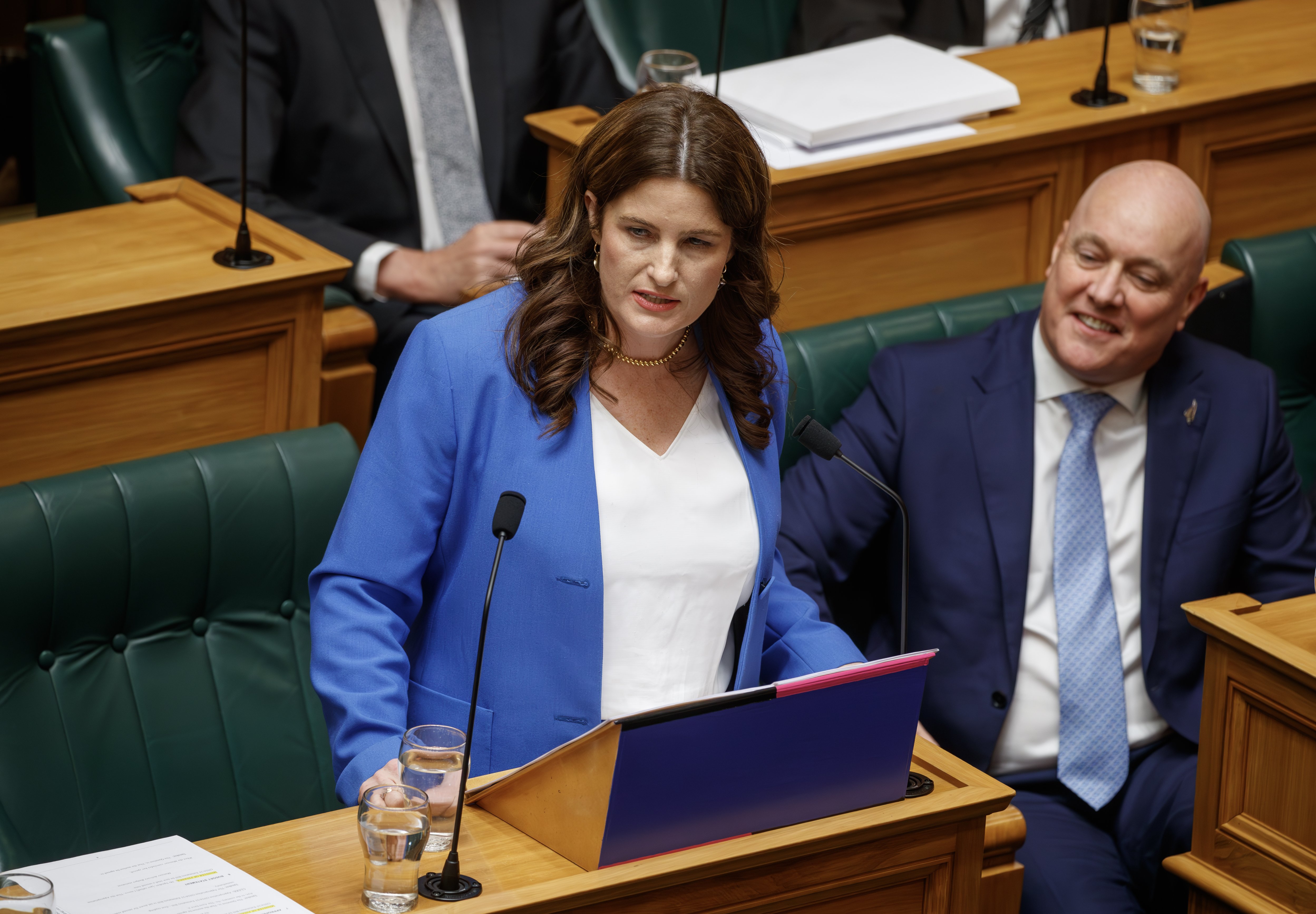 Finance Minister Nicola Willis receiving a standing ovation from colleagues reading her Budget 2024 in Parliament, Wellington, 30 May, 2024. Photo/Mark Mitchell