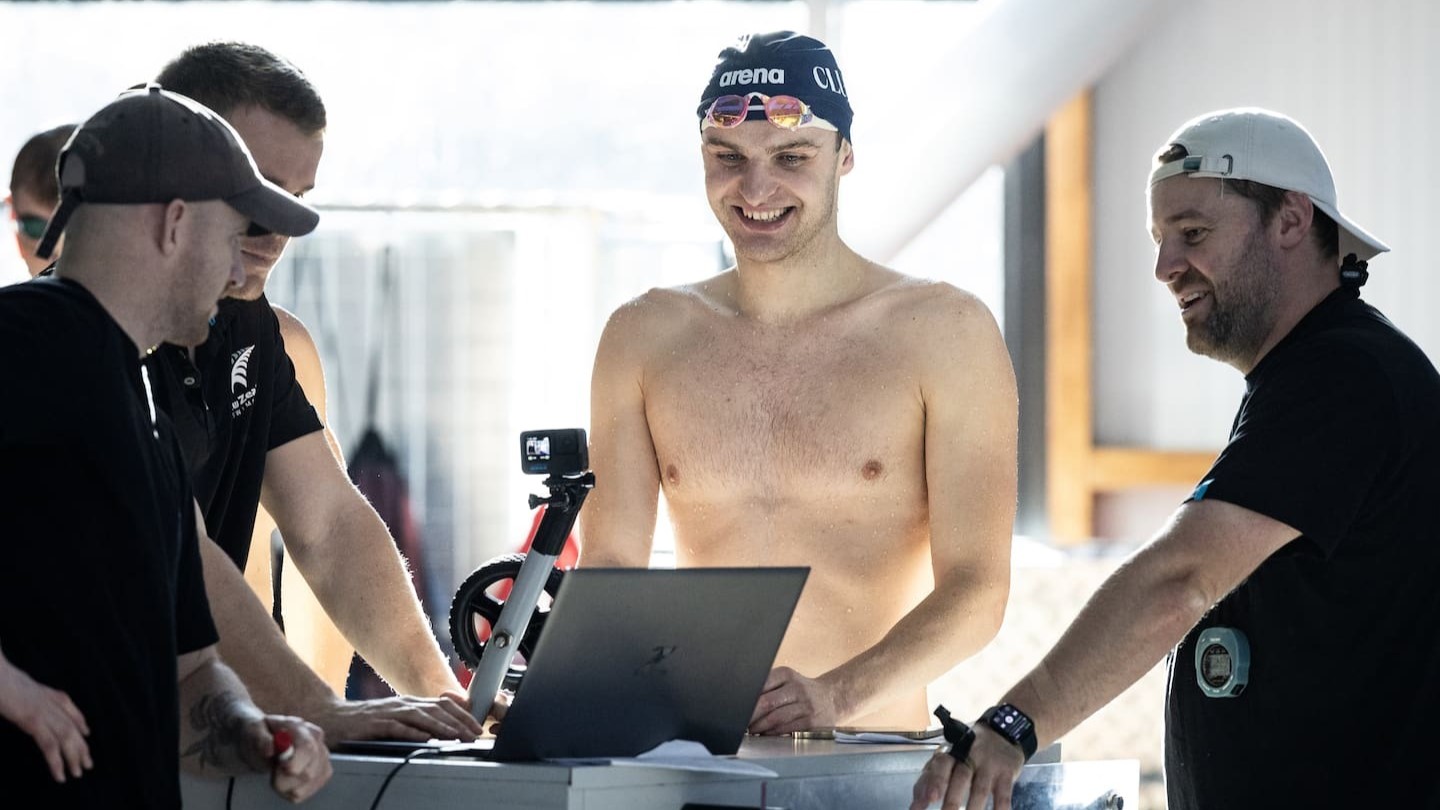 Lewis Clareburt and his team review training footage. Photo / Jason Oxenham