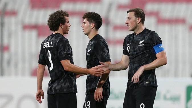 Joe Bell and Chris Wood celebrate Wood's goal. (Photo / Photosport.co.nz)