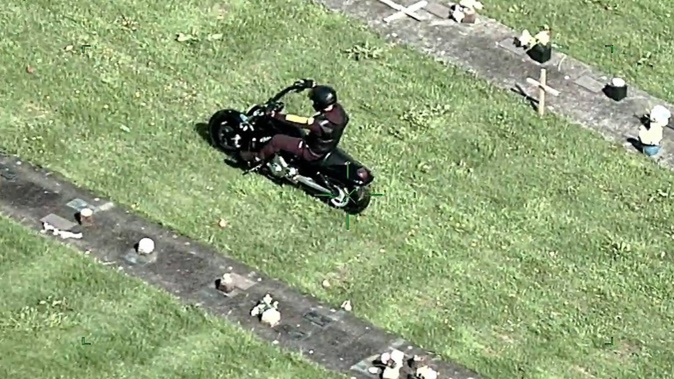 The police Eagle helicopter photographed Head Hunter and Tribesmen gang members riding their motorcycles through the Schnapper Rock cemetery on the North Shore in November 2021 despite the grounds being closed due to Covid-19 protocols. Photo / NZ Police.