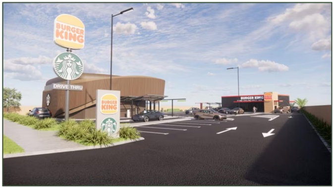 An artist rendering of what the proposed Starbucks and Burger King in Tīrau could look like.