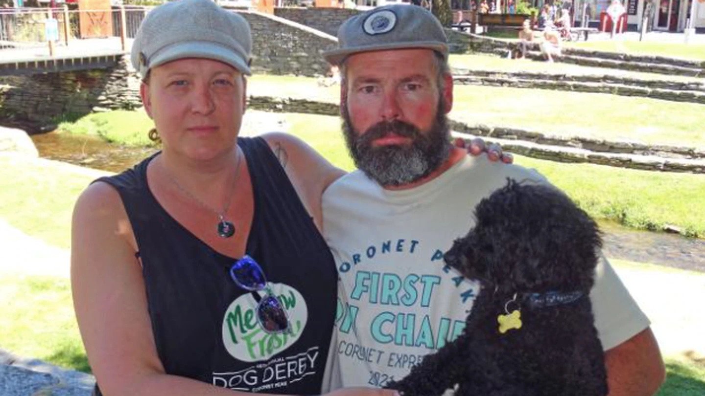 Caroline Douthwaite (left), of Queenstown, with partner Kurt Wilson and their dog Benny. (Photo / Guy Williams)